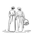 Drawing of two girls in old-fashion retro dress walking away, Women in vintage costumes and straw hats one is carrying basket Royalty Free Stock Photo