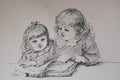 Drawing of two girls together reading picture book Royalty Free Stock Photo