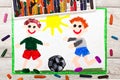 Drawing :Two little boys play football. Soccer game Royalty Free Stock Photo