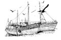 Drawing of two old abandoned fishing boats in low tide, Brittany, France