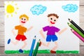 Drawing: two smiling running boys Royalty Free Stock Photo