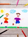 Drawing: two smiling running boys Royalty Free Stock Photo