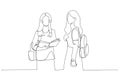 Drawing of two teen real girls in classroom want to study at university. Single continuous line art style