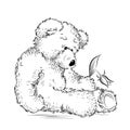 Drawing unhappy Teddy Bear with broken flower Royalty Free Stock Photo