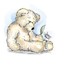 Drawing unhappy Teddy Bear with broken flower Royalty Free Stock Photo