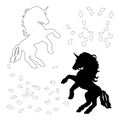 Drawing unicorn horse and tree leaves for decoration or coloring, creative pattern for cover design