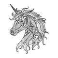 Drawing unicorn zentangle style for coloring book, tattoo, shirt design, logo, sign