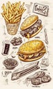 Drawing of various types of fast food. pencil drawing. AI generated Royalty Free Stock Photo