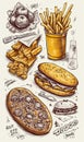 Drawing of various types of fast food. pencil drawing. AI generated Royalty Free Stock Photo