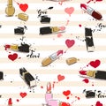 Drawing vector illustration with lipstick, hearts and splash paint. Seamless pattern