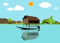 Drawing of a Vietnam cabin over water used for agriculture.