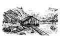 Drawing view of lake Obersee hand drawn illustration