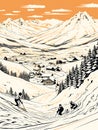 A Drawing Of A Village In The Mountains, Verbier Switzerland