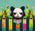 Drawing on the wall of a funny muzzle of a panda behind a fence. Graffiti. Digital illustration. AI-generated