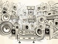 Wall of retro vintage style Music sound speakers in hand-drawn style Royalty Free Stock Photo