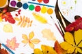 Drawing With Watercolor Autumn Leaves On Wooden Background. Top