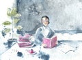 Drawing with watercolor depicting a teacher, blackboard, class, school supplies. For poster design, poster, banner, backgrounds