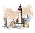 Drawing and watercolor of Saint Mathieu lighthouse and old abbey ruins in Brittany, France