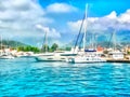 Drawing watercolor. Seascape, sea, pleasure ship. Sailing yachts are moored at the pier. Digital painting - illustration Royalty Free Stock Photo