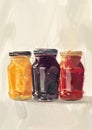 Drawing with watercolors, three colorful glass jars with steel lids and jam of different flavor and color on biege