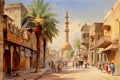 Drawing in watercolors, wallpaper, landscape, streets of ancient Egypt, where the houses, minarets and markets