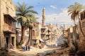 Drawing in watercolors, wallpaper, landscape, streets of ancient Egypt, where the houses, minarets and markets