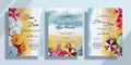 Drawing wedding invitation card set with watercolor umbrella seascape paintings