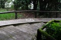 Drawing of a wheelchair symbol on a concrete ramp in a park. Ramps for wheelchairs with sign and wooden railing Royalty Free Stock Photo