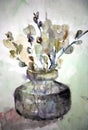 Drawing. Willow flowers in a vase