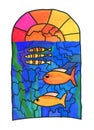 Drawing on the window. Stained glass with fish. Graphic work, stylization for children`s drawing. Gouache on paper. Royalty Free Stock Photo