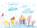 Drawing a winter landscape in a childish style. Pencil art Royalty Free Stock Photo