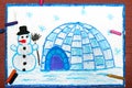 Drawing: Winter landscape, igloo and snowman