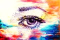 Drawing of woman eye on graphic background with structure effect.
