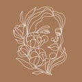 Drawing of a woman face with a branch of cotton in a continuous line style. Fashion concept, minimalist beauty of a woman with