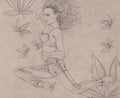 Drawing of a woman swimming with mariuana leavesand bubbles, woman immersed, Royalty Free Stock Photo