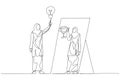 Drawing of woman wear hijab having ide lightbulb looking into mirror have reflection holding award trophy. One continuous line art