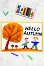 drawing:Words HELLO AUTUMN, smiling friends and trees with yellow and orange leaves