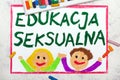 Drawing: Words Sex Education in Polish lanquage. Happy young students studing about health