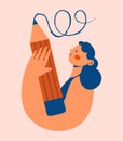 Drawing, writing, creating, design, blogging, working concept. Cute women with a large pencil.