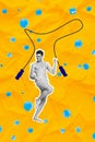 Drawing yellow colors blue bubbles vertical collage young handsome guy rejoicing beach wear swim shorts use jumping rope Royalty Free Stock Photo
