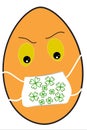 Drawing of a yellow Easter egg with cloverleaf design protective mask against Coronavir. Cartoon egg with respirator and frowning Royalty Free Stock Photo