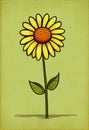 A Drawing of a Yellow Flower with Green Leaves on a Grey Background