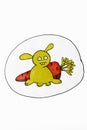 Drawing of a yellow funny rabbit on a background of red carrots Royalty Free Stock Photo