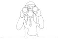 Drawing of young arab businessman using binoculars. Single line art style