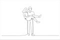 Drawing of young groom carrying a bride in his hands. Single continuous line art