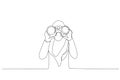 Drawing of young muslim businesswoman using binoculars. Single line art style