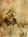 Drawing of a young native american warrior in nature. Royalty Free Stock Photo