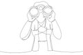 Drawing of young woman using binoculars. Single line art style