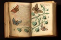Drawings of butterflies in antique book with annotations, generative ai illustration