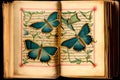 Drawings of butterflies in antique book with annotations, generative ai illustration